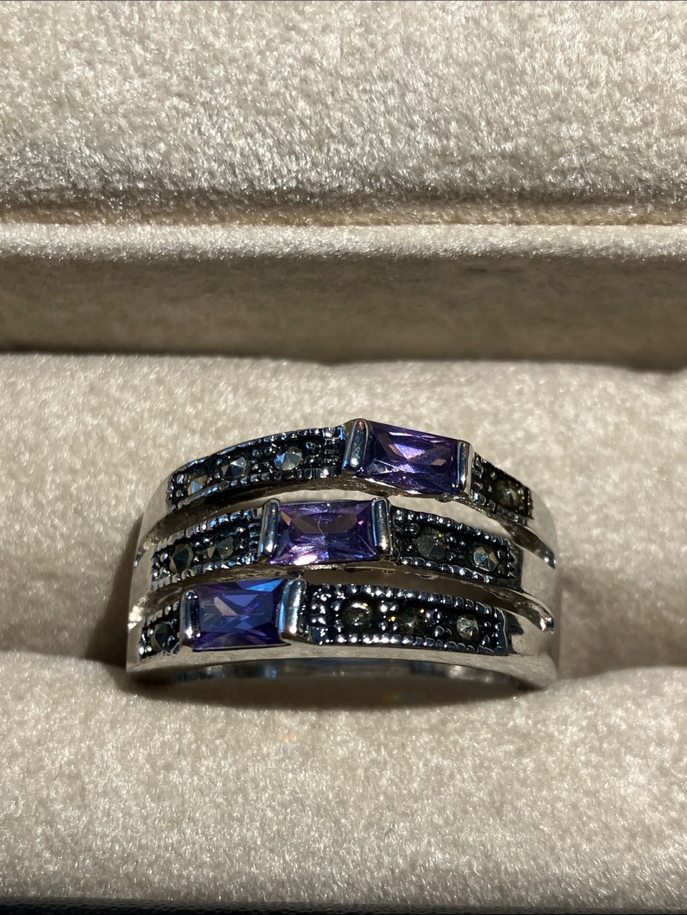 Silvertone Marcasite and 3 stone purple ring
